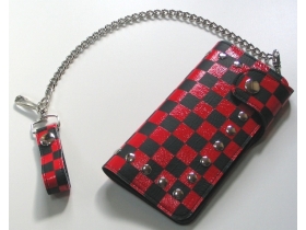 チェーンウォレット【本格長財布】鋲飾チェッカーフラッグレッド